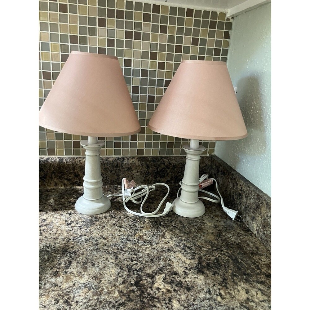 Pair Small Table Lamps Cream Turned Bases New Silk Shades Bedside Nightstand